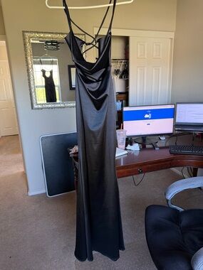 Windsor Black Satin Cowl Neck Maxi Dress with Strappy Back